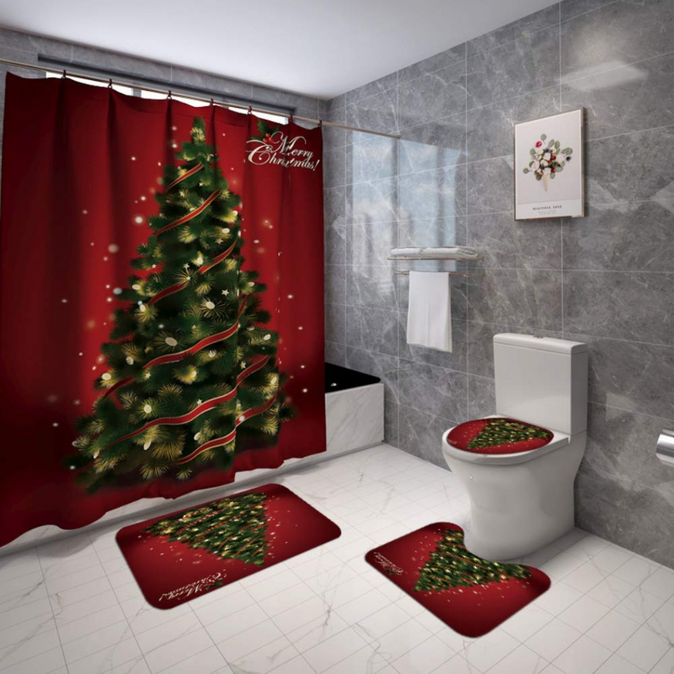 ARTIFUN PCS Christmas Shower Curtain Set with Non-Slip Rug Bath Mat and  Toilet Lid Cover Xmas Tree Santa Snowman Gnome Bathroom Decor Sets (Red)