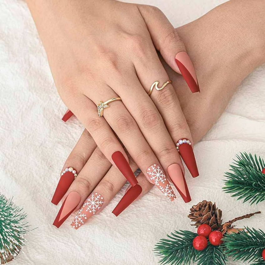 Bohend Christmas Long Snow False Nails Red Matt Rhinestone False Nails  French Clip On Nails Pack of  Acrylic Art Press On Nail Tips for Women  and