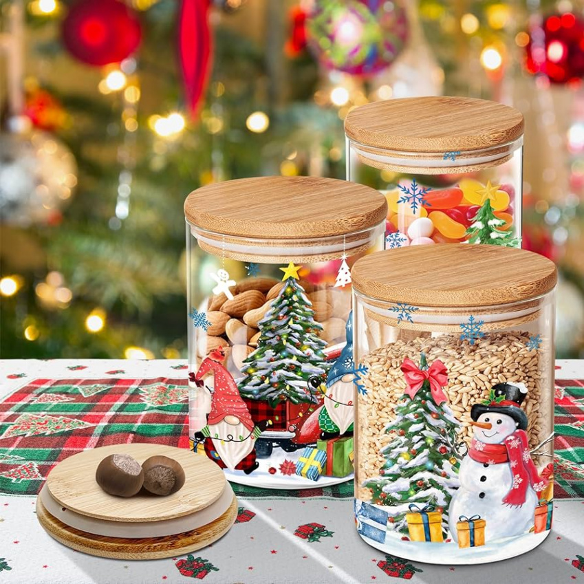 Christmas Decor  Pack Glass Storage Jars with Airtight Bamboo Lid, Snowman  Gnomes Canisters Sets for Kitchen Countertop - Clear Christmas Decorations