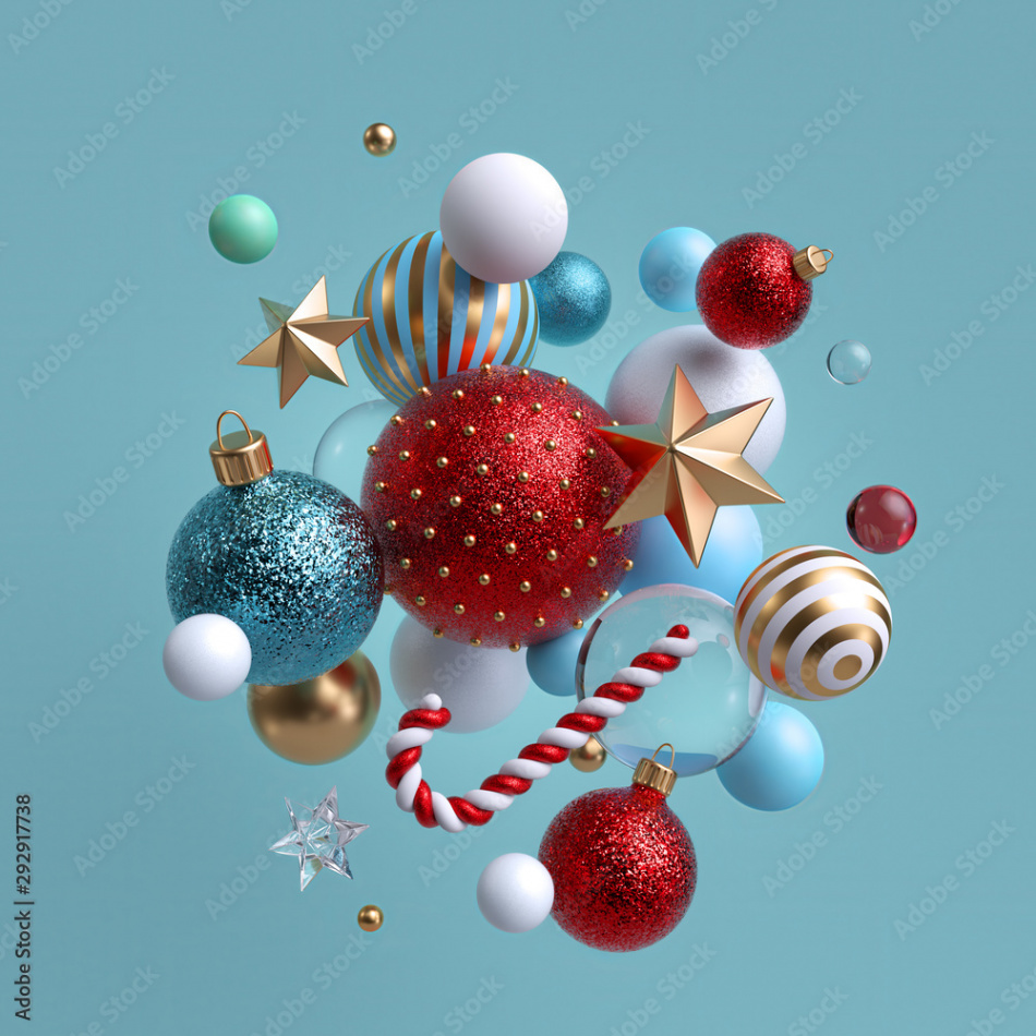 d Christmas background. Winter holiday ornaments levitating