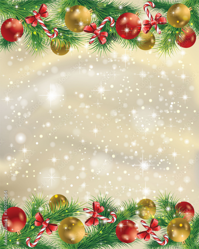 Elegant gold Christmas background with Christmas toys, tree leaves