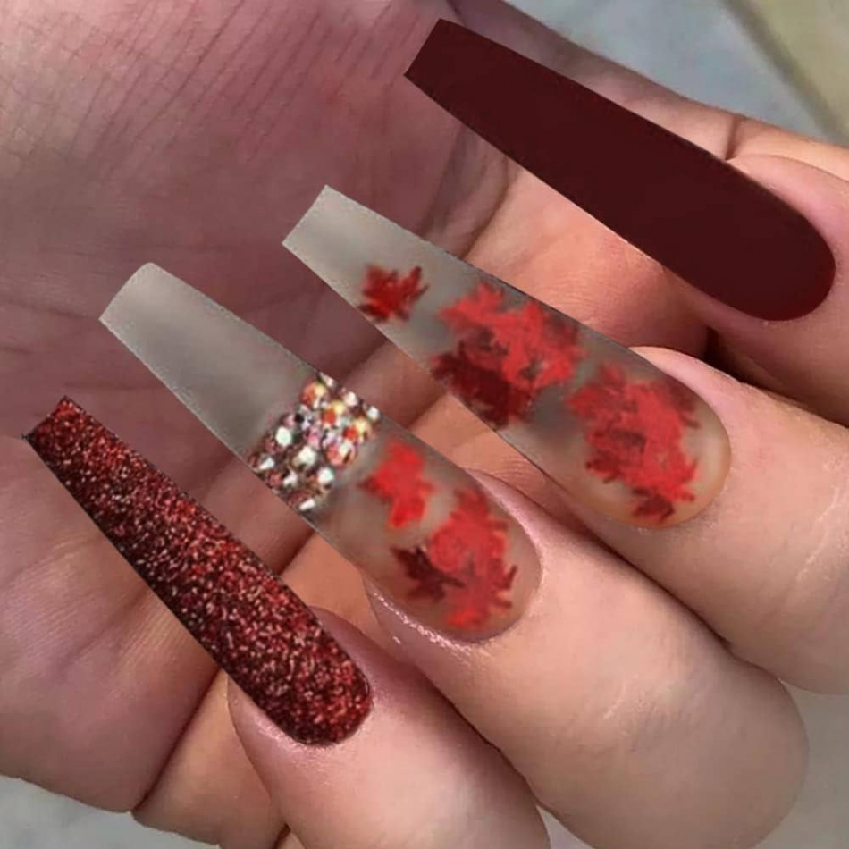 Fall Maple Leaf Press On Nails Long Coffin Fake Nails Maple Leaf  Rhinestones Dark Red Base Nail Designs for Women Girls Full Cover Reusable  With Paste