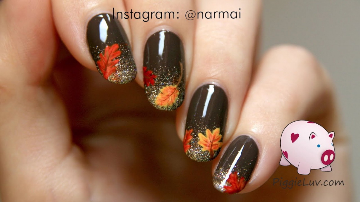 Glitter gradient with fall leaves, nail art tutorial by PiggieLuv  Nail  art, Fall nail art designs, Thanksgiving nail art