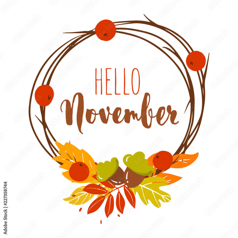 Hello November card with autumn leaves,acorns, berries and wreath