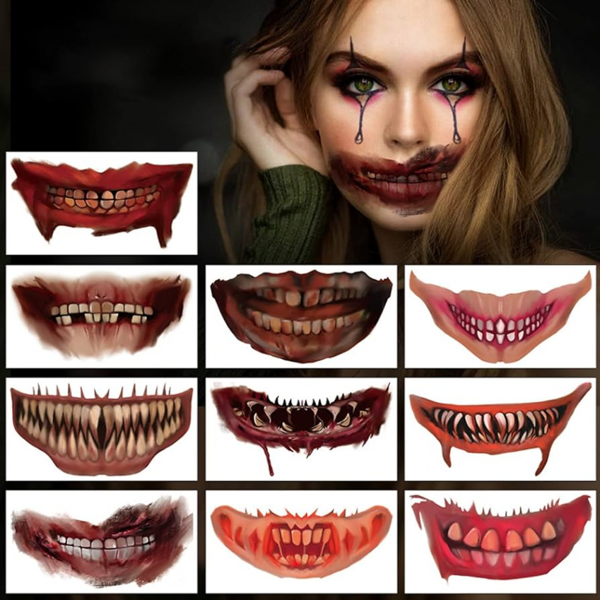 Pack Halloween Face Tattoo Stickers Mouth ，Teeth Temporary