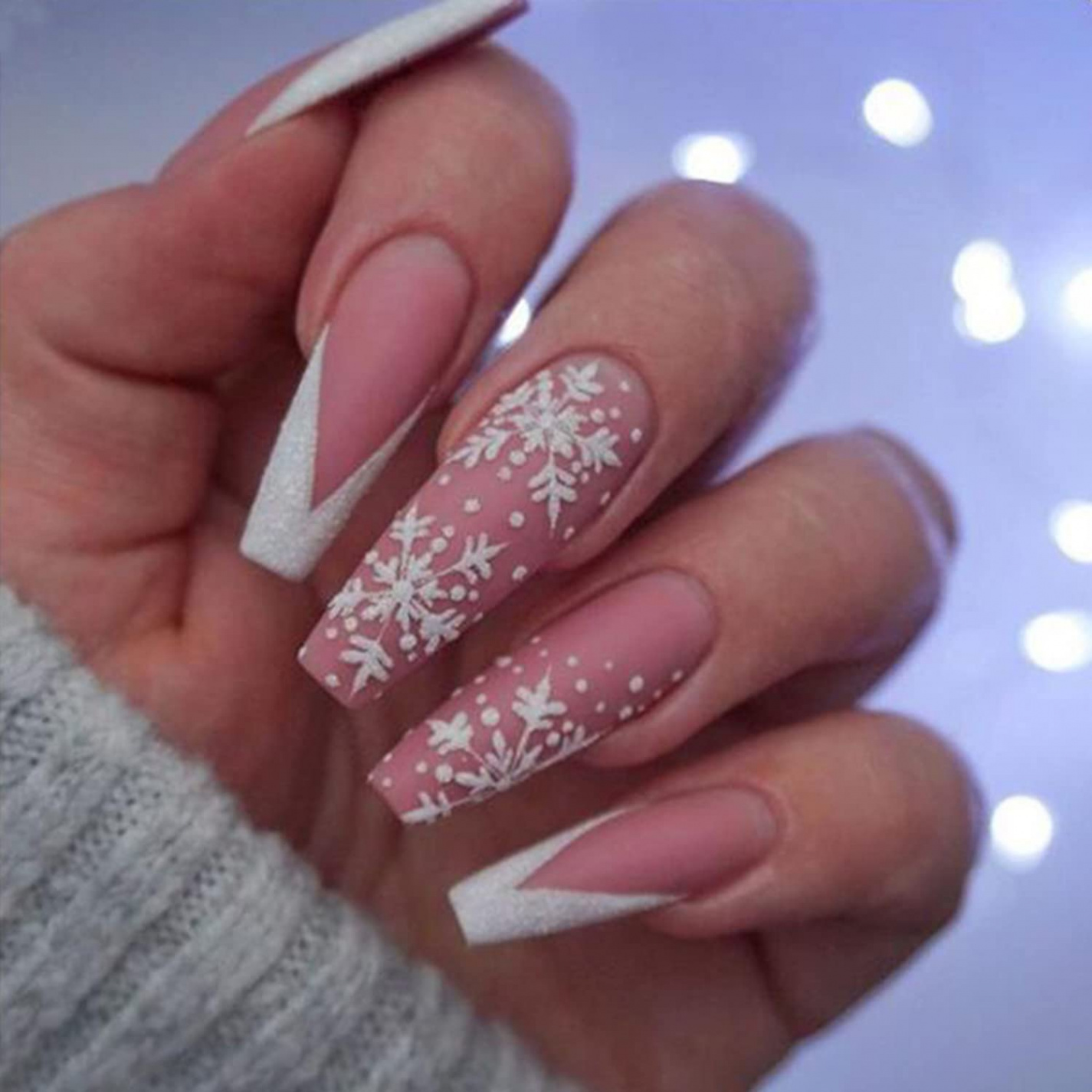 Pcs Snowflake Press on Nails Long Christmas Fake Nails with V White  Snowflake Designs Glue on Nails Pink French Tips Coffin False Nails Full  Cover