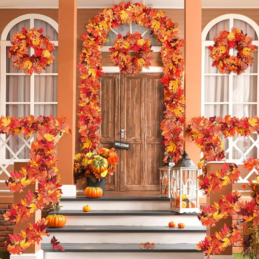 Pieces Autumn Home Decor Autumn Leaves Garland Thanksgiving Decorations  Indoor Outdoor ft/Piece Thanksgiving Door Decoration (Red)