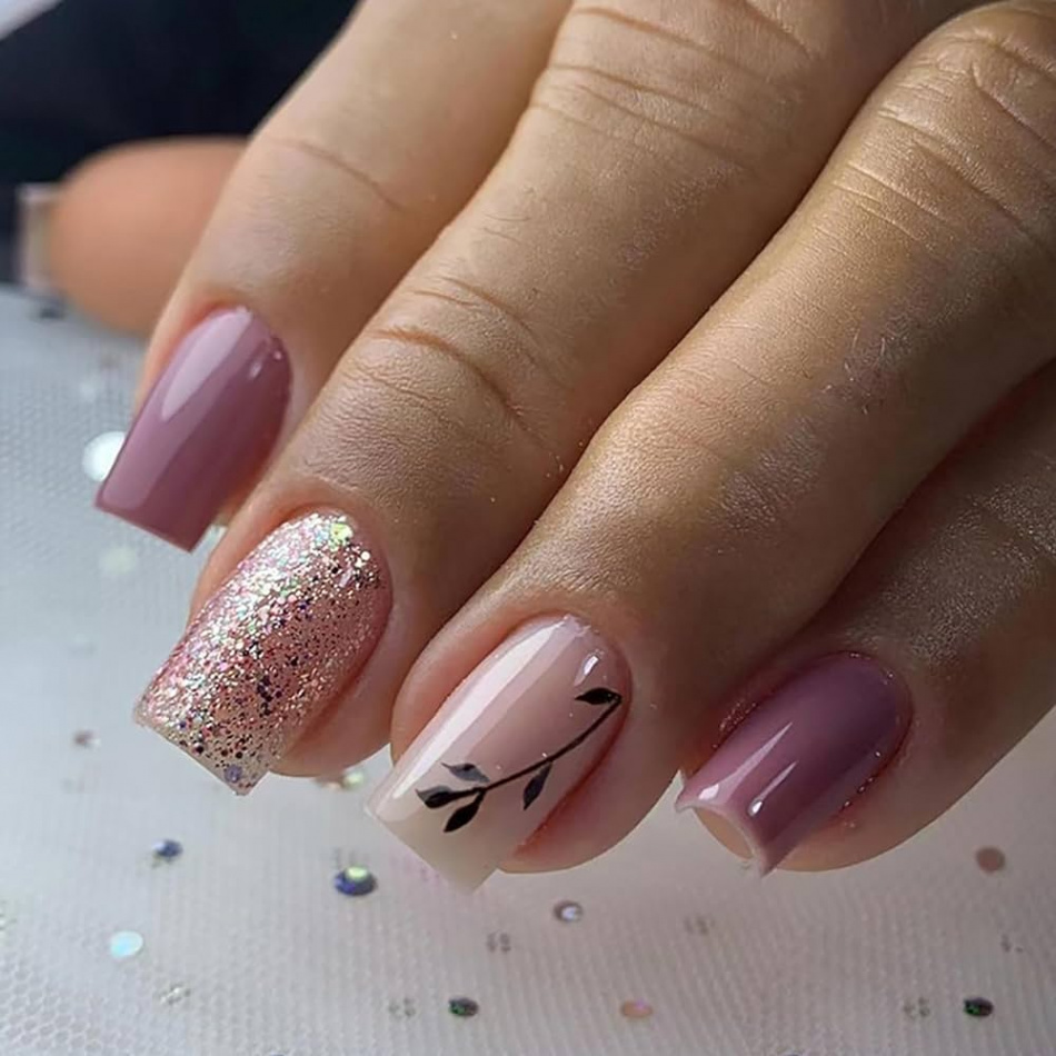 Pink Purple Press on Nails Medium Square RIICFDD Fall Fake Nails Glitter  Designs Thanksgiving Nails Glossy Stick on Nails with Autumn Leaf Pattern