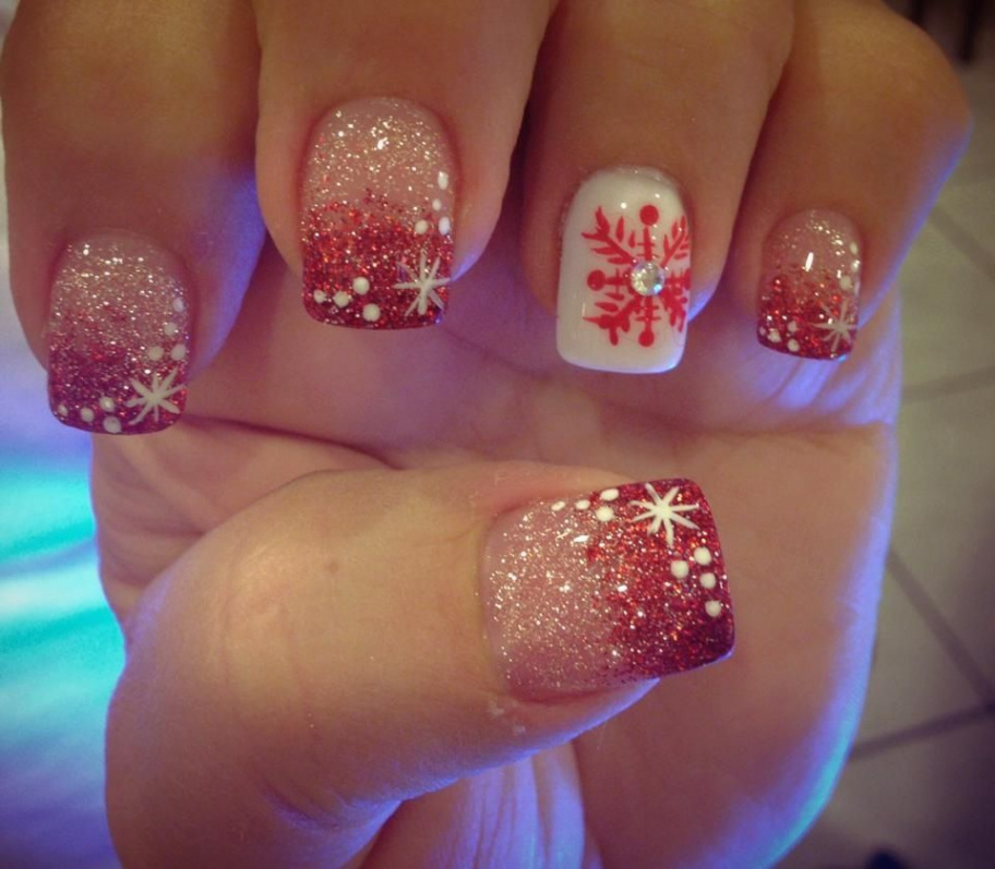 Red tips snowflake nails  Snowflake nails, Red nails glitter, Nails