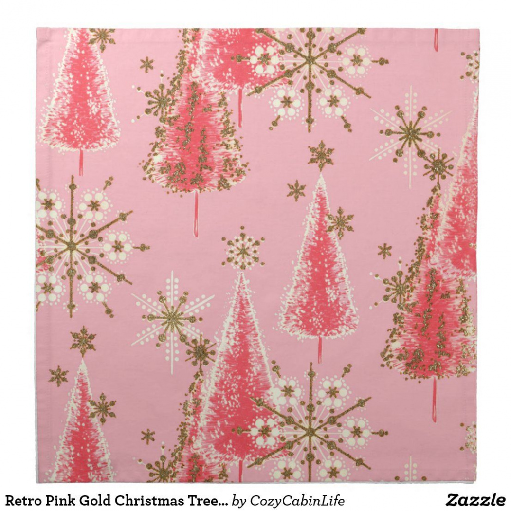 Retro Pink Gold Christmas Trees And Snowflakes Cloth Napkin