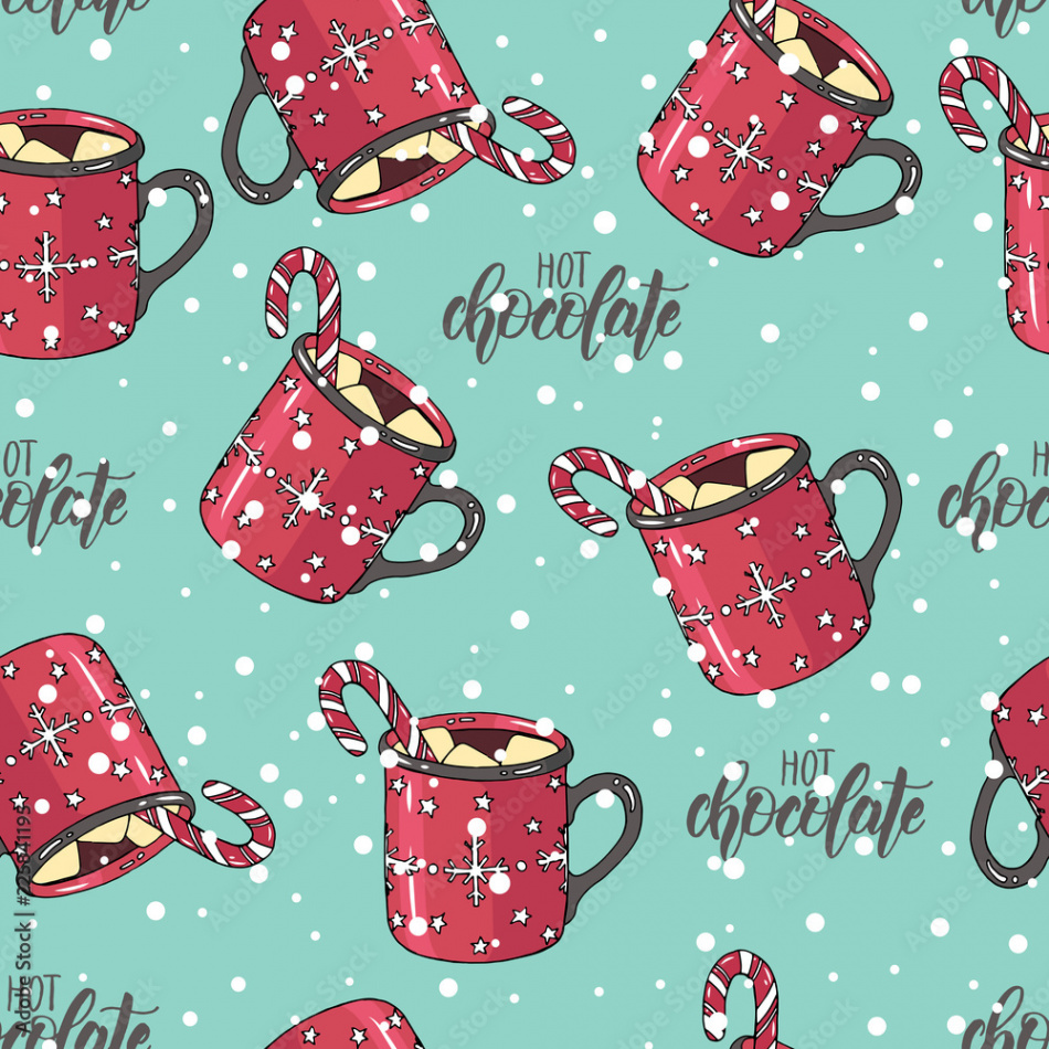 Seamless Christmas pattern with hand drawn colored cup of hot