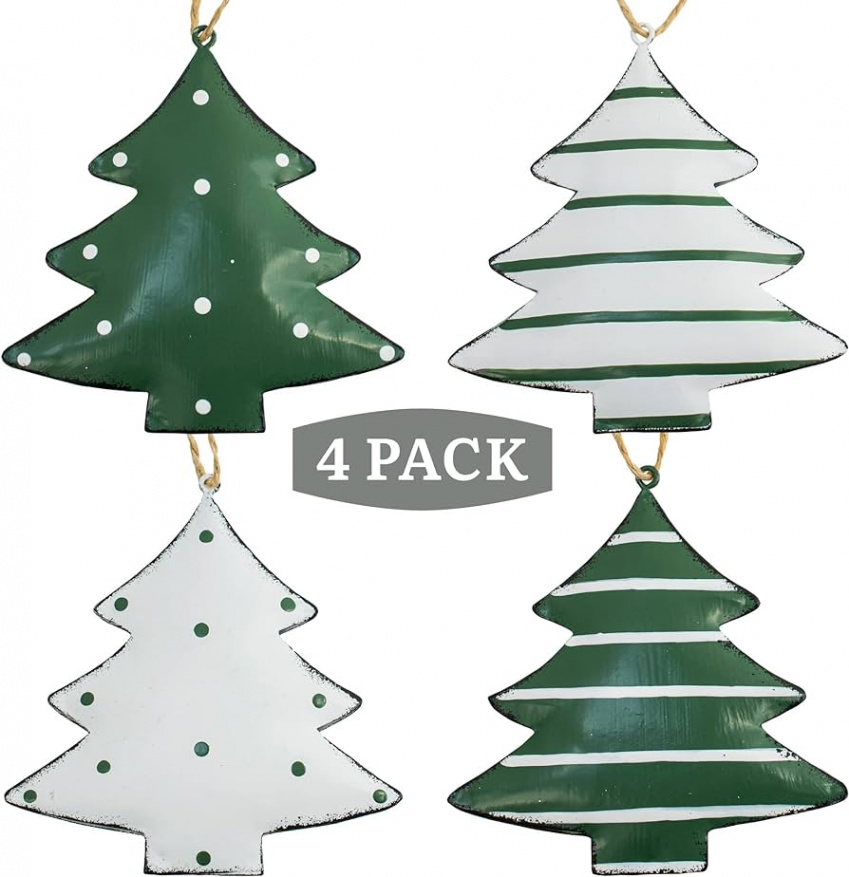 Set of  Metal Christmas Tree Decorations, Lightweight Metal Green and  White Rustic Farmhouse Christmas Decoration,  Inch Tree Pendants with  Stripes