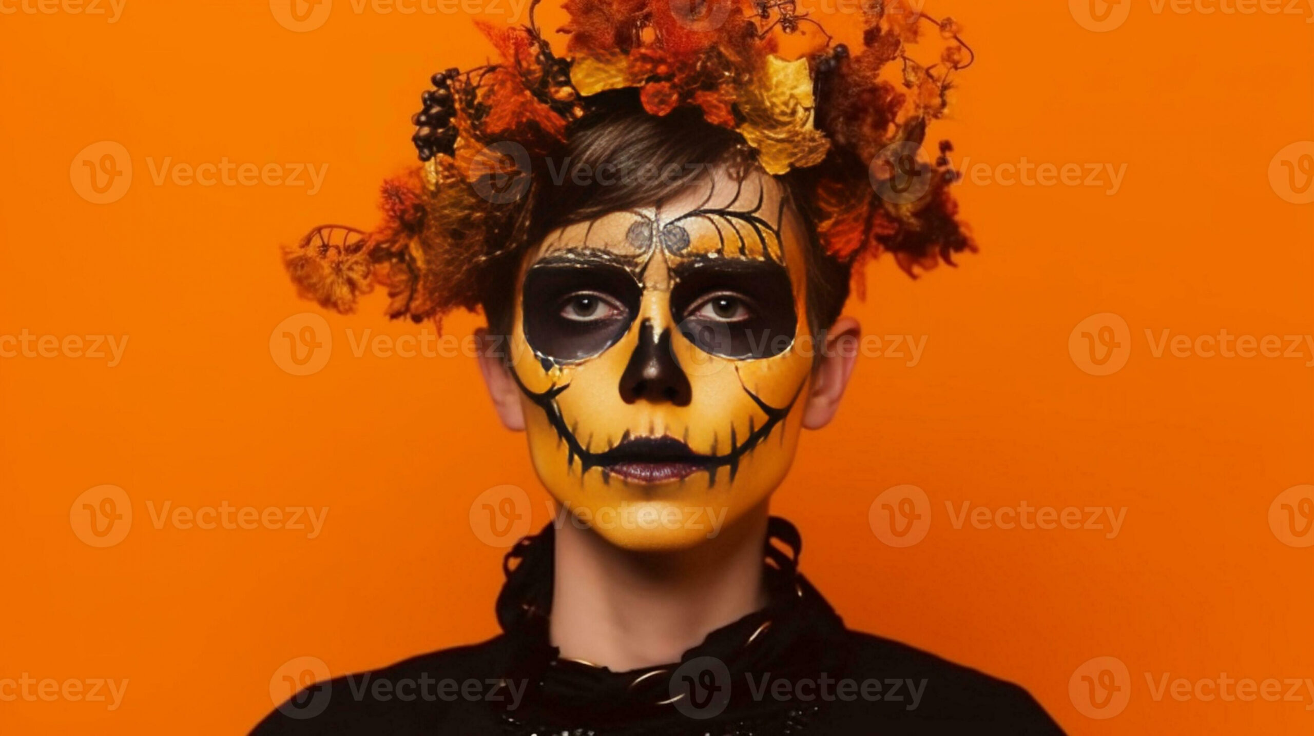 Shocked female wears creative sugar skull makeup wreath made of