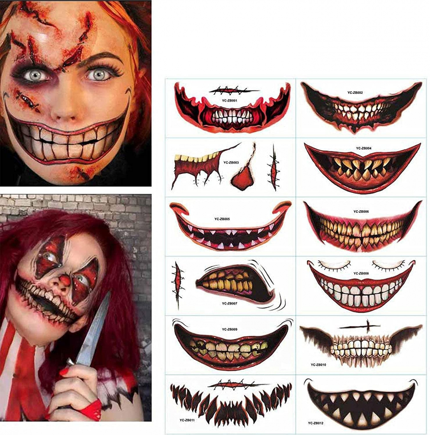 STÜCKE Halloween Clown Horror Mund Tattoo, Gesicht Lip Tattoo Temporäre  Aufkleber Atmungsaktiv, Halloween Party Cosplay Streich Aufkleber, Clown