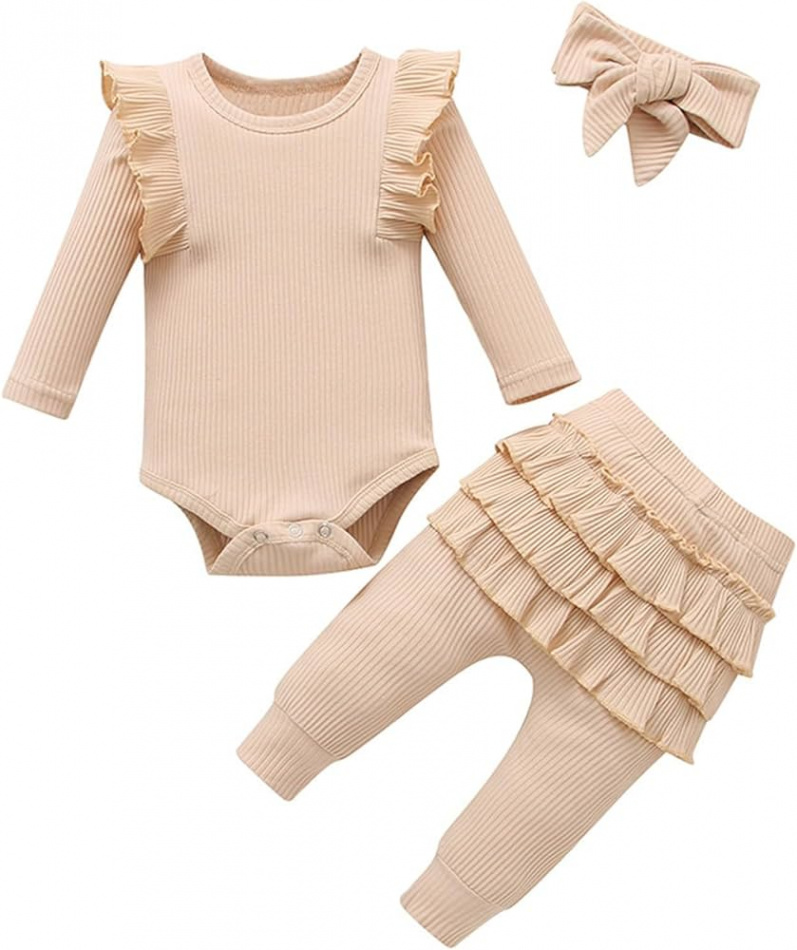 Toddler Baby Girls Fall Winter Outfit Long Sleeve Ribbed Ruffle Romper  Bodysuit Pants with Bow (Beige, - Months)