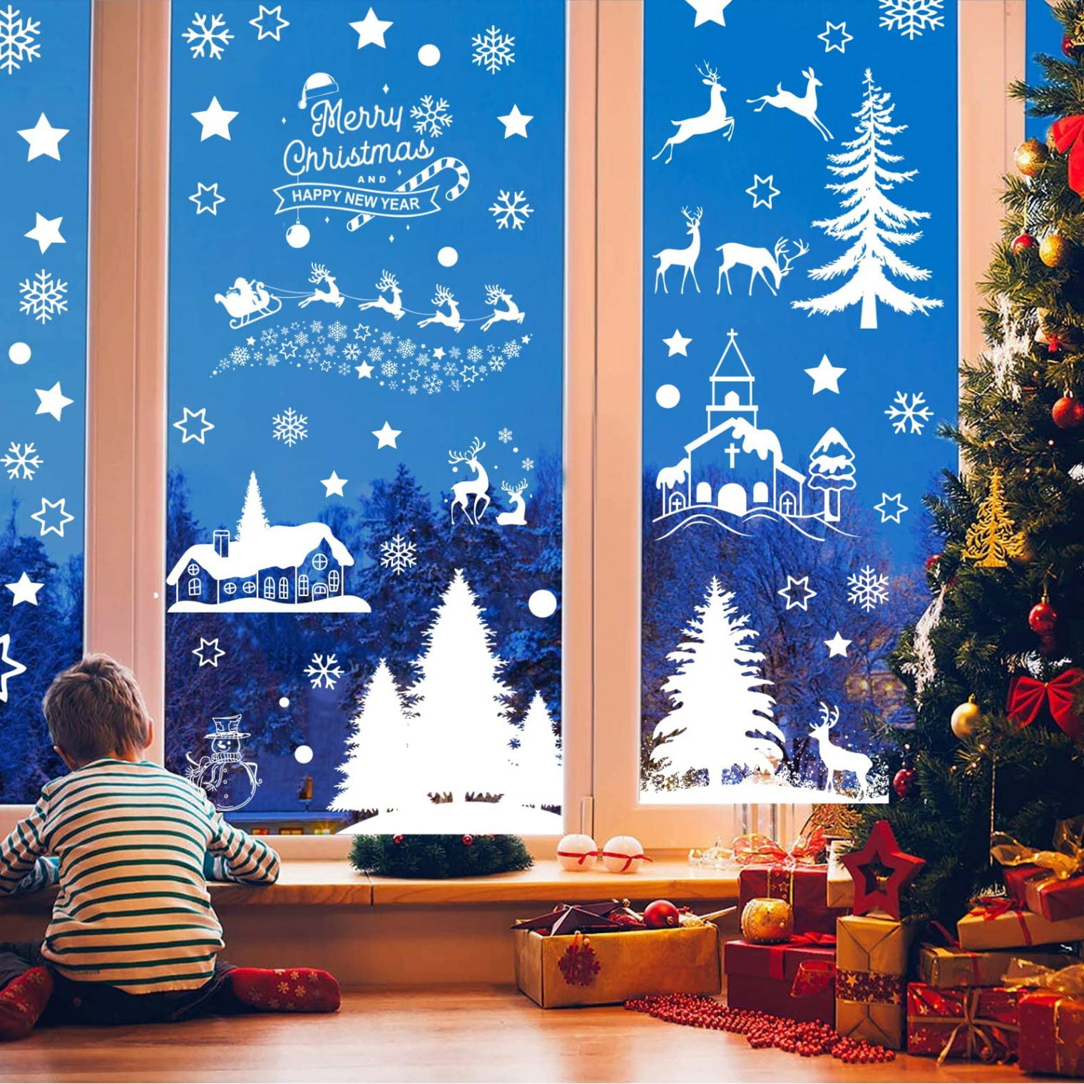 Weihnachtsdeko Fenster,Window Decorations, Christmas Decorations, Weiß  Revery Winter Christmas Window Stickers Aufkleber Dekorationen Home Office