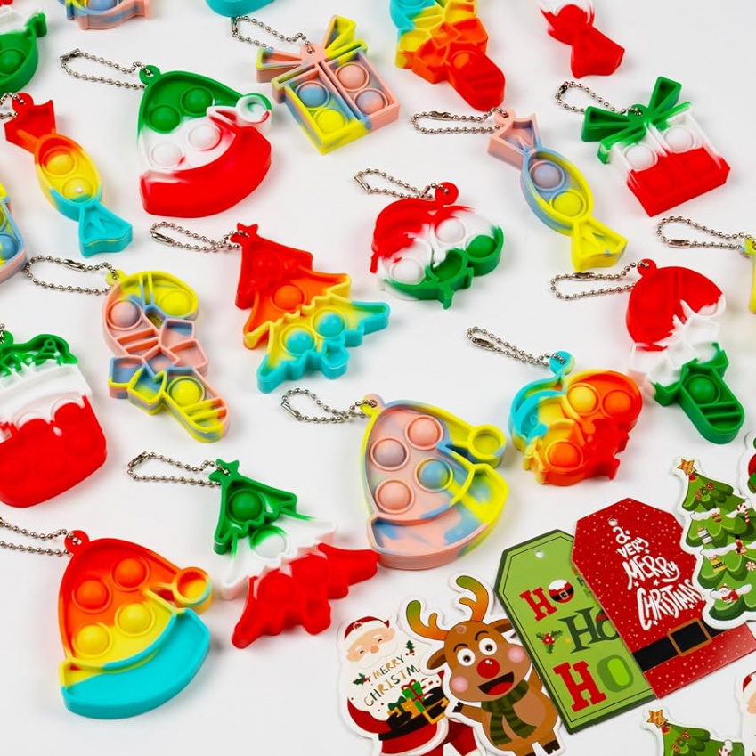 AMUHUA Christmas Party Favors for Kids -  Pack Mini Pop Fidget Keychain  with Gift Cards for Toddler Kids Classroom Gifts Christmas Stocking  Stuffers