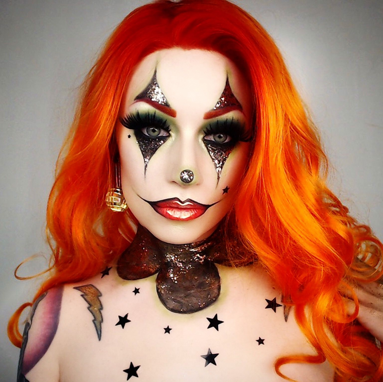 Autumn clown glitter makeup redhead red hair halloween horror IG