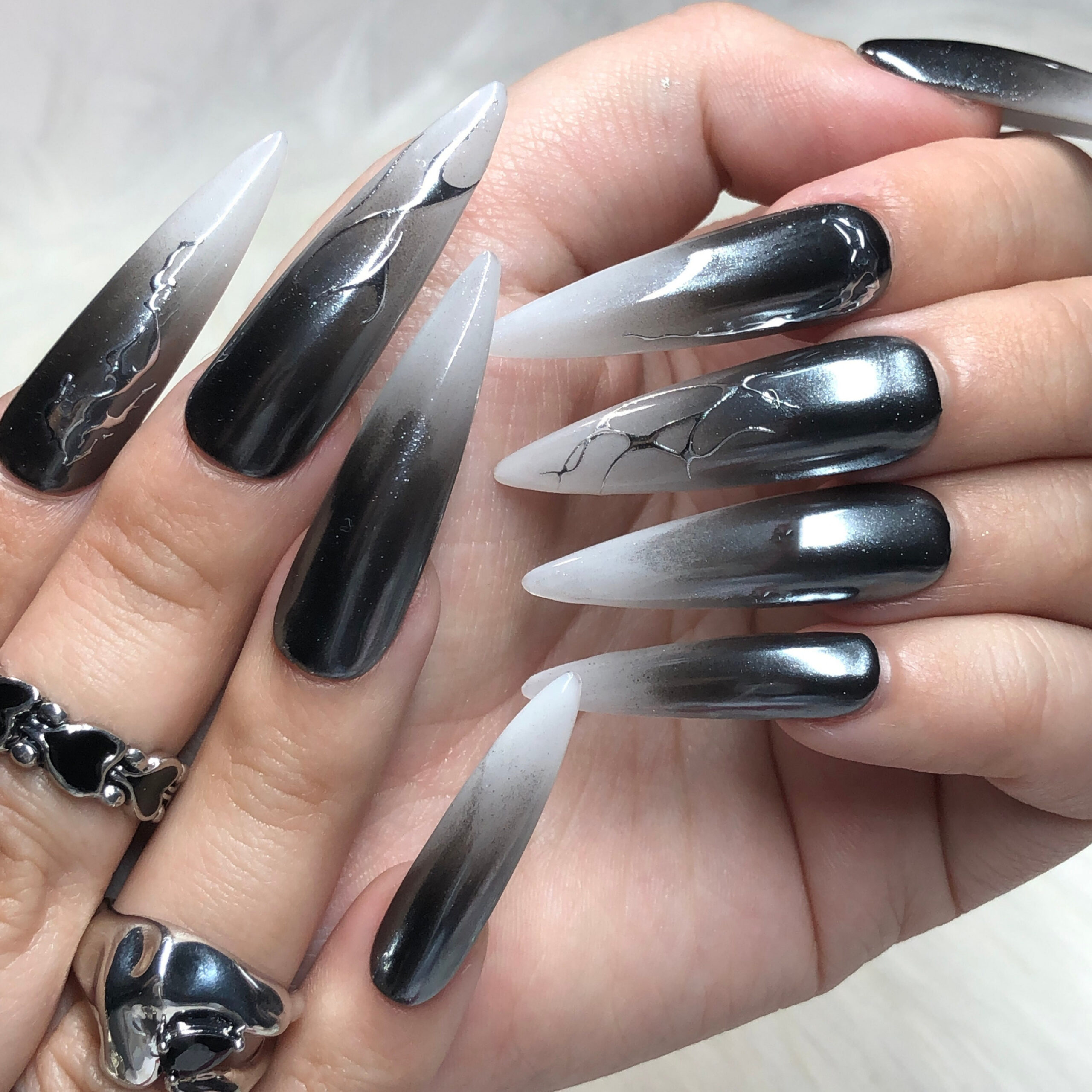 Black to White Silver Chrome Emo Goth Press on Long Nails YK