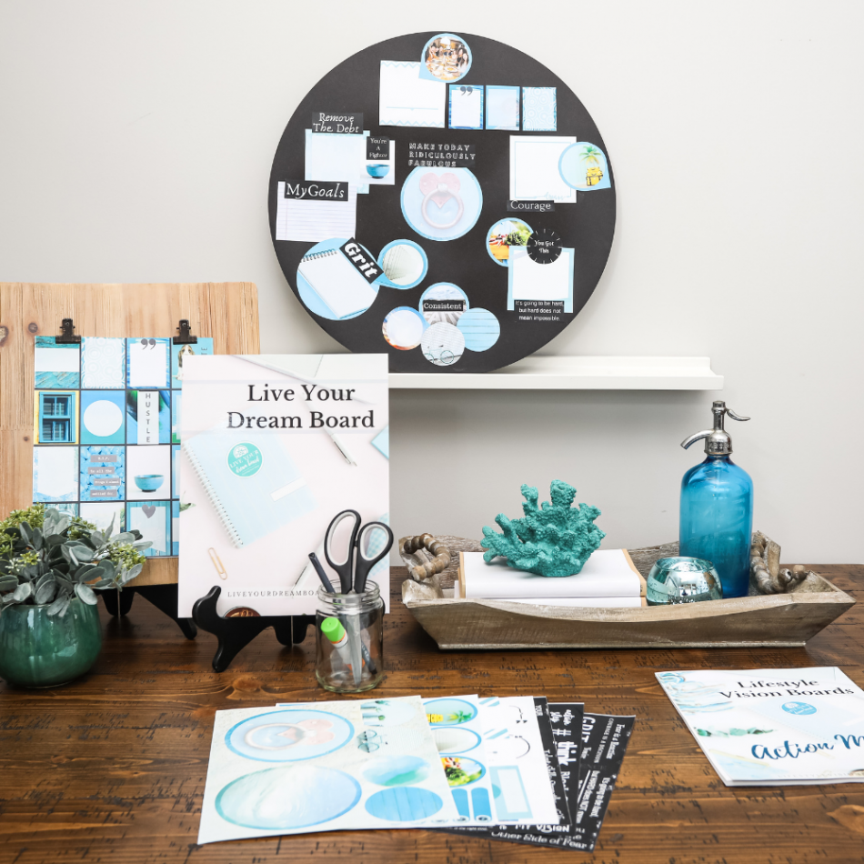 Blue themed vision board kit incl workbook, foam board and