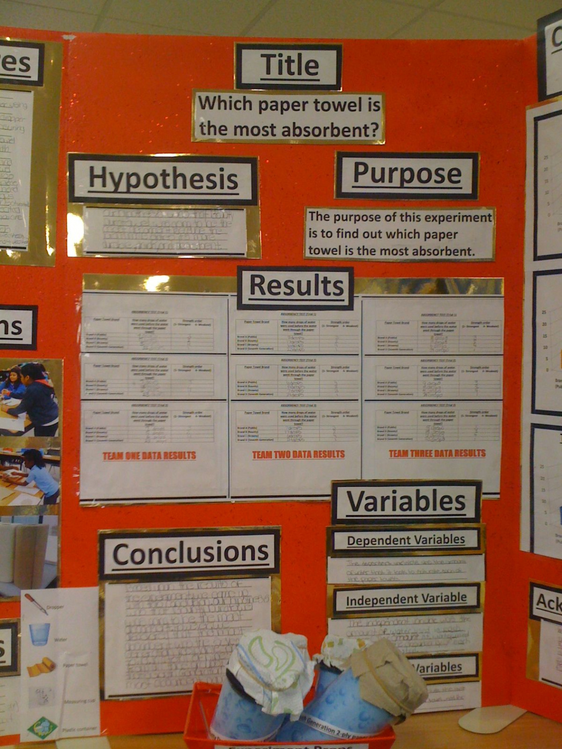 Center of the Science board with title, hypothesis, purpose