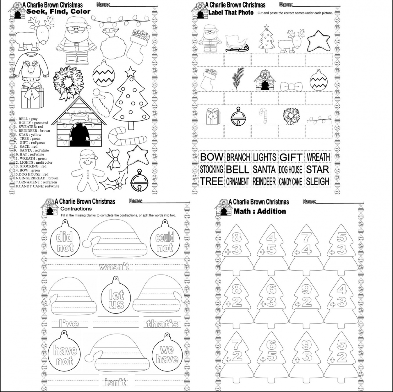 Charlie Brown Christmas Activity Worksheets Word Search Writing Math