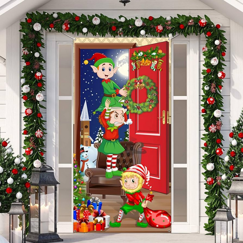 Christmas Door Cover Funny Backdrop Elves Santa Claus Banner Door Cover  Christmas Decoration Photo Props for Christmas . x