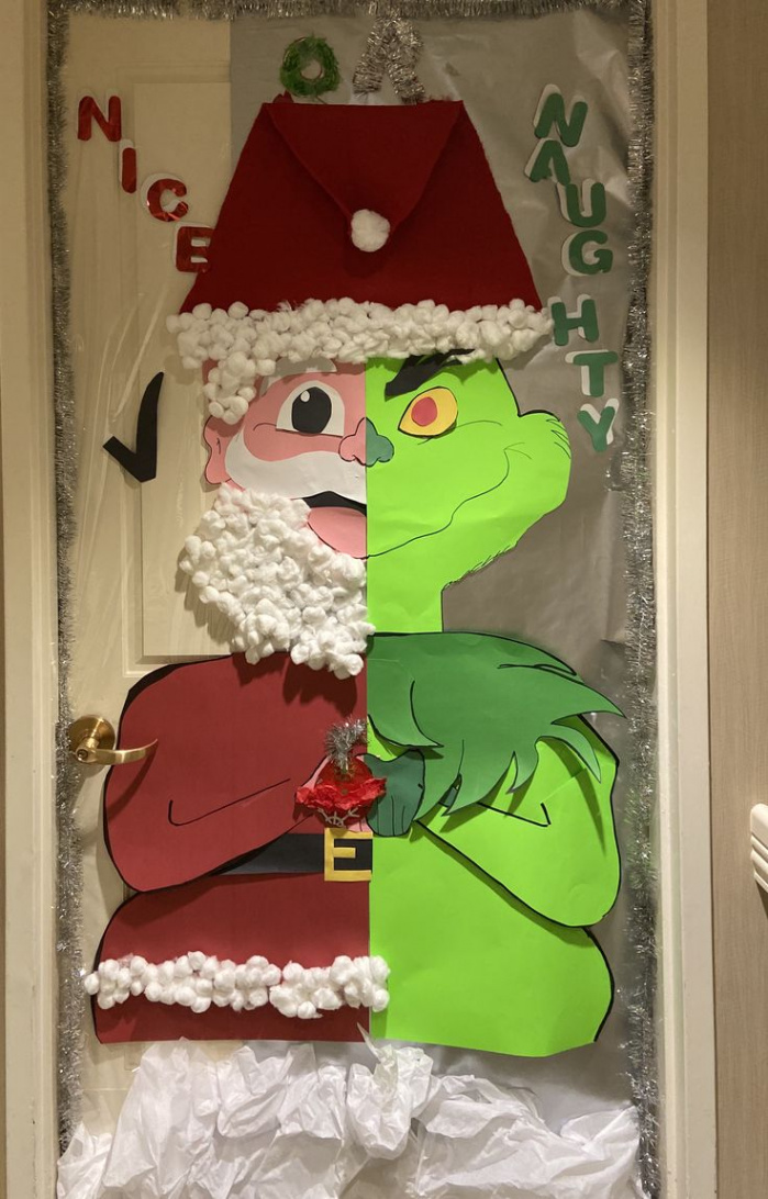 Christmas door decoration. Half Santa half Grinch