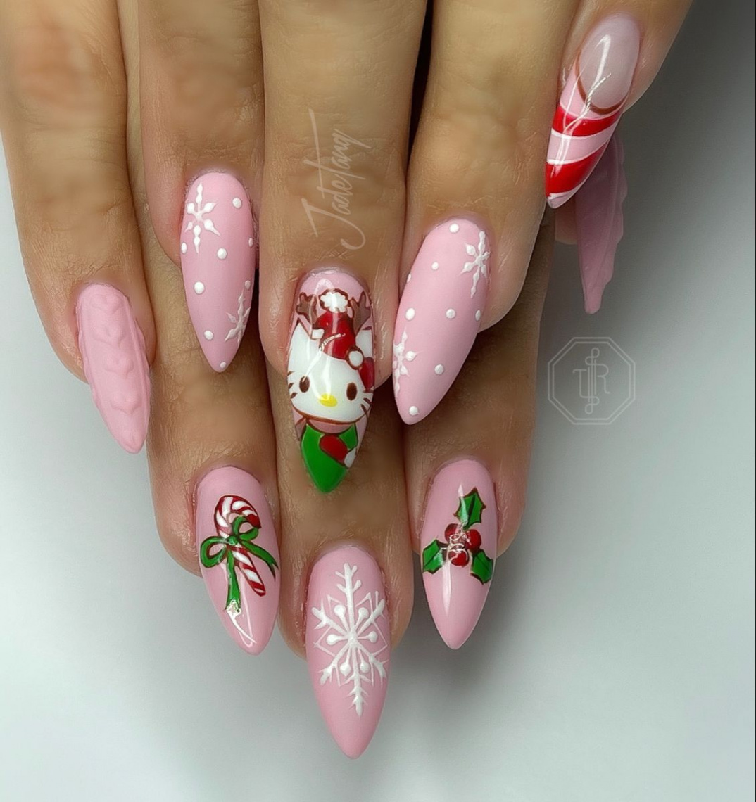 Christmas Hello Kitty Nails  Soft nails, Xmas nails, Long acrylic