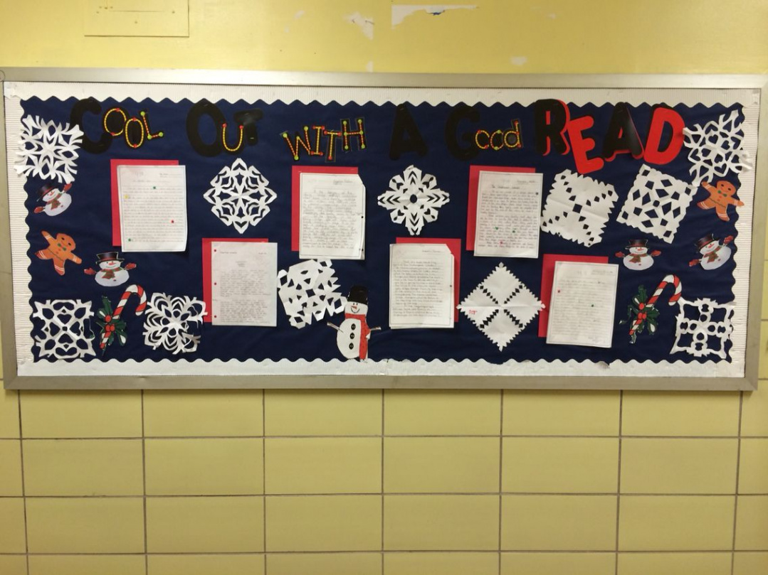 Cool out with a good Read" winter ELA bulletin board  Ela