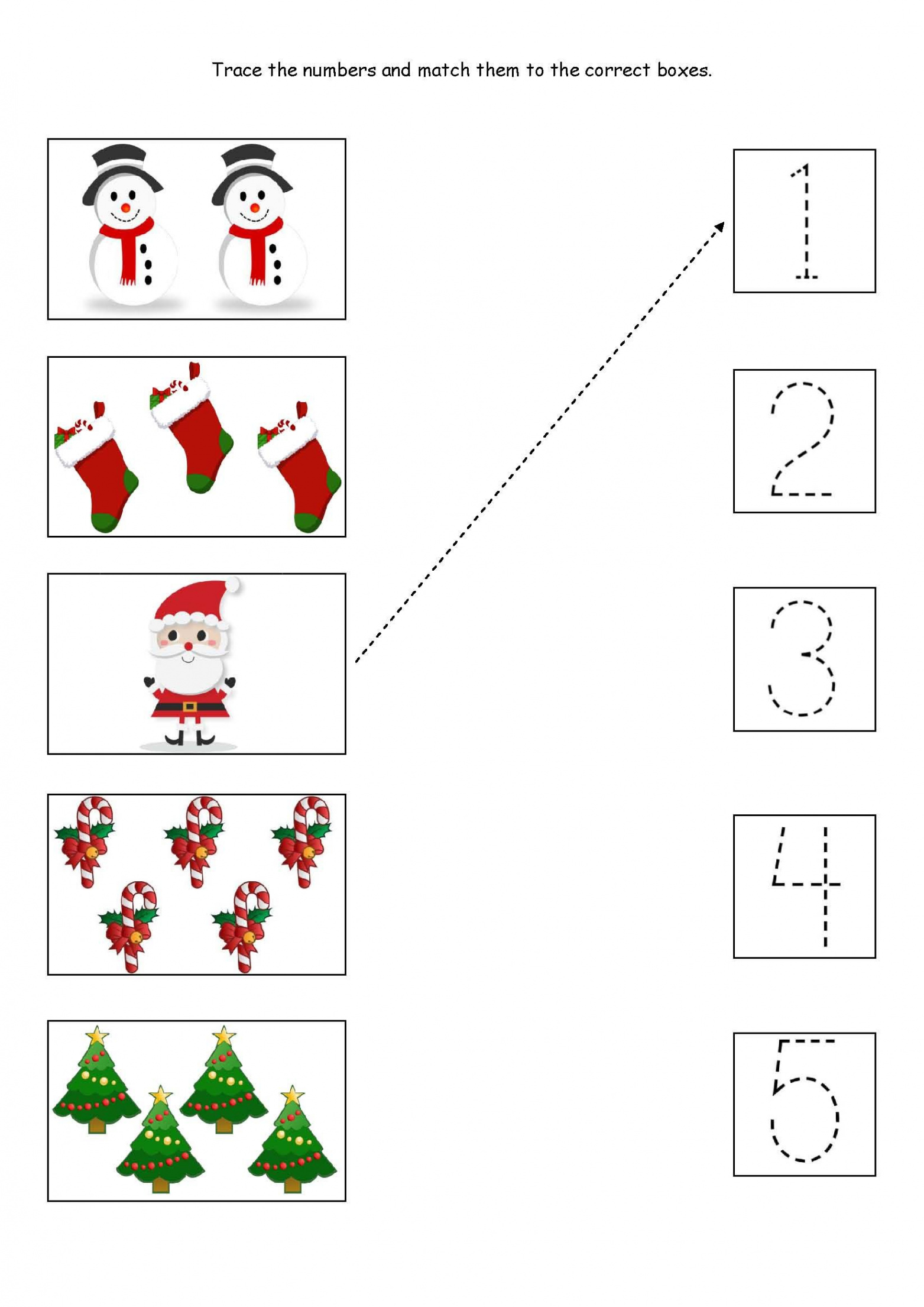 Cute little Christmas counting, matching and tracing worksheet