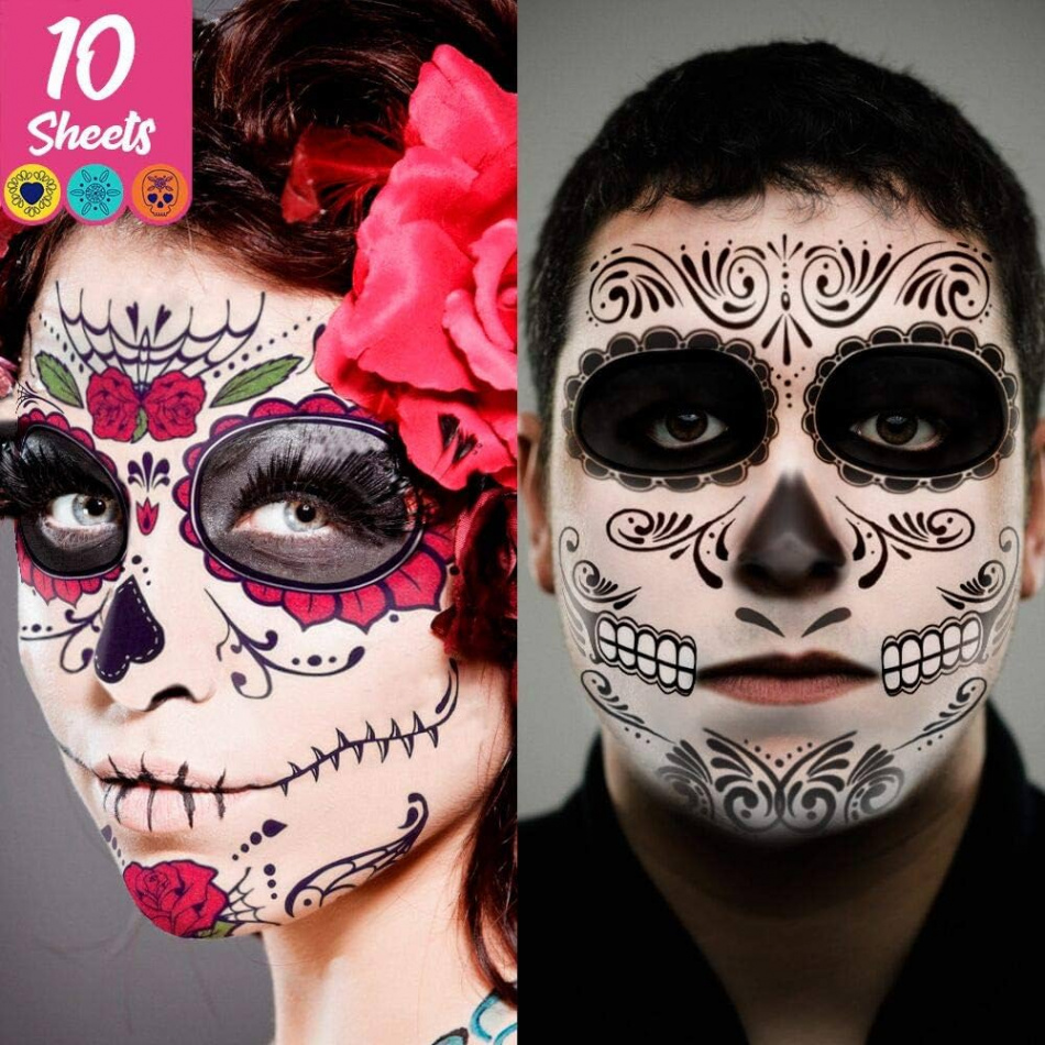 Day of the Dead Face Tattoos Skeleton, dia de los muertos makeup Day of the  Dead Makeup,Skeleton Sugar Skull Face Tattoo Kit,Halloween Makeup Skeleton