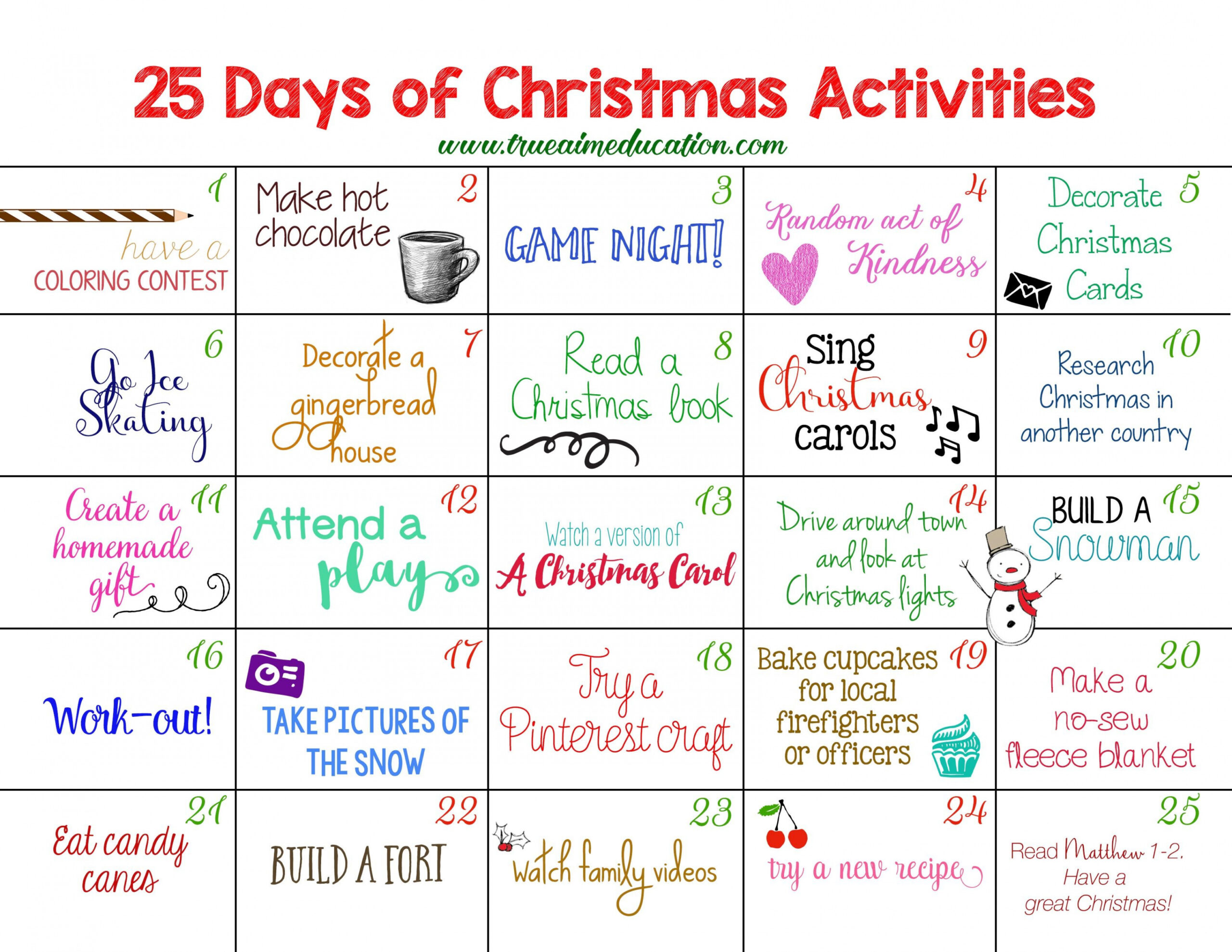 Days of Christmas Activities Advent Calendar - True Aim