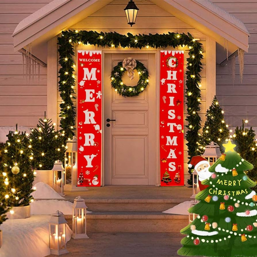 ELAIMEI Merry Christmas Entrance Door Banner Christmas Symbol Red