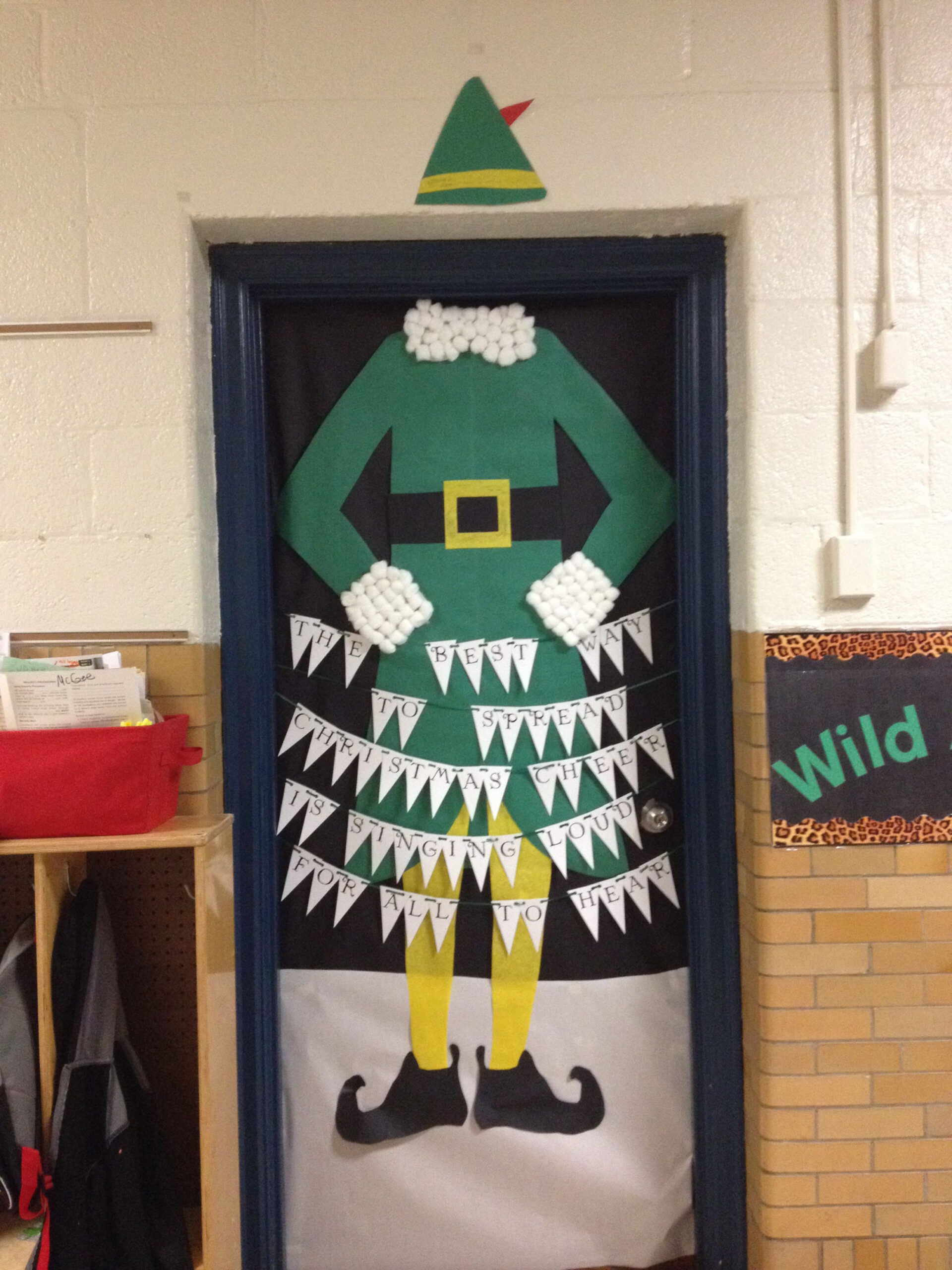 Elf themed Christmas Door Decorations for school contest! Holiday