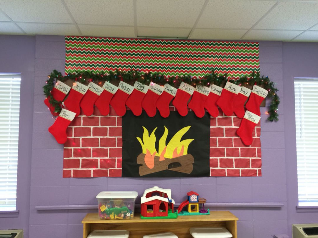 Festive Classroom Christmas Display with a Cozy Fireplace