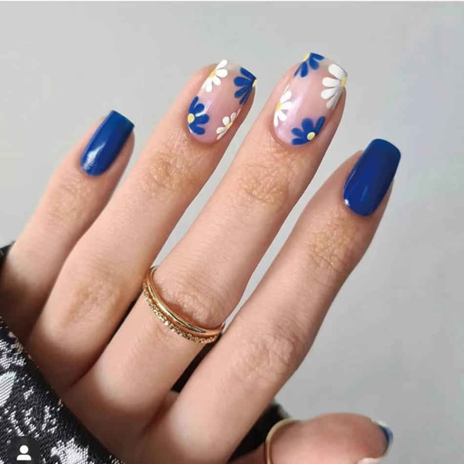 Flower Press on Nails Short Blue Fake Nails French Nail Tip Blue Glossy  Nude Design Stick on Nails Natural Full Cover Coffin Adhesive Thanksgiving