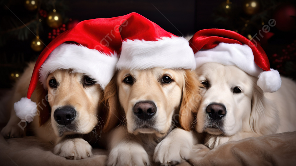 Golden Retrievers In Santa Hats Background, Christmas Friends