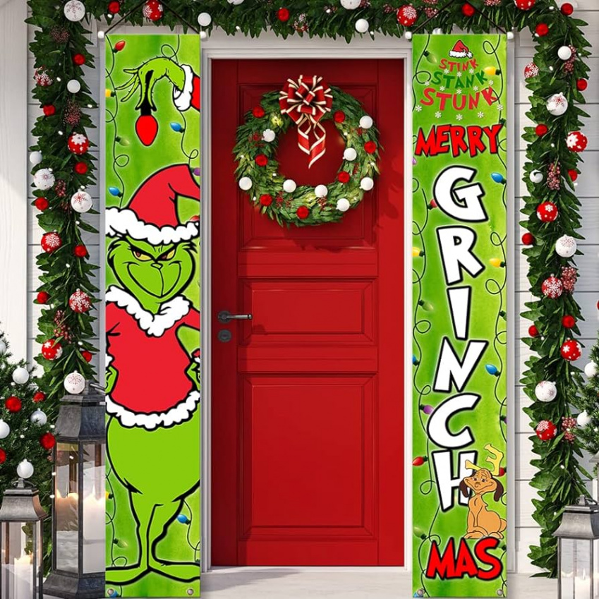 Grinch Christmas Decorations Grinch Porch Sign Door Banner Merry Grinchmas  Theme Photography Yard Sign Banner Supplies For Home Office Fireplace