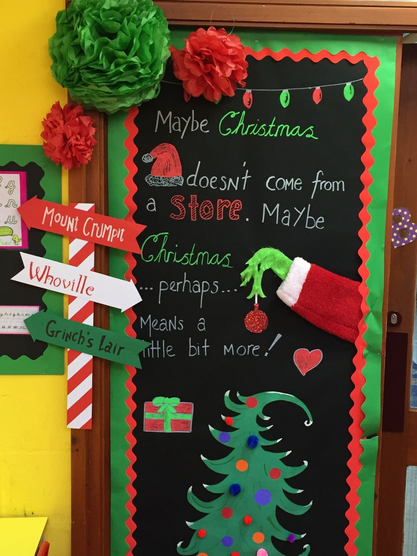 Grinch classroom door display  Classroom christmas decorations