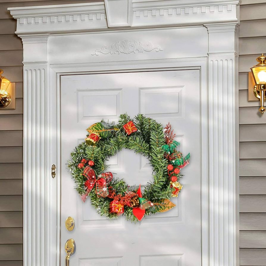 Home-X " Christmas Wreath for Front Door with Shimmer Bows and