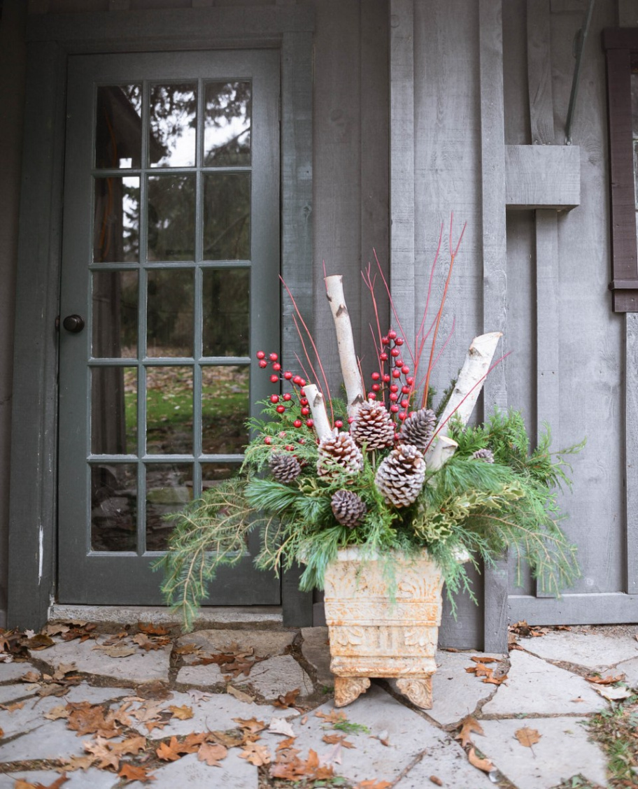 How to Make Outdoor Christmas Planters using Evergreen Boughs