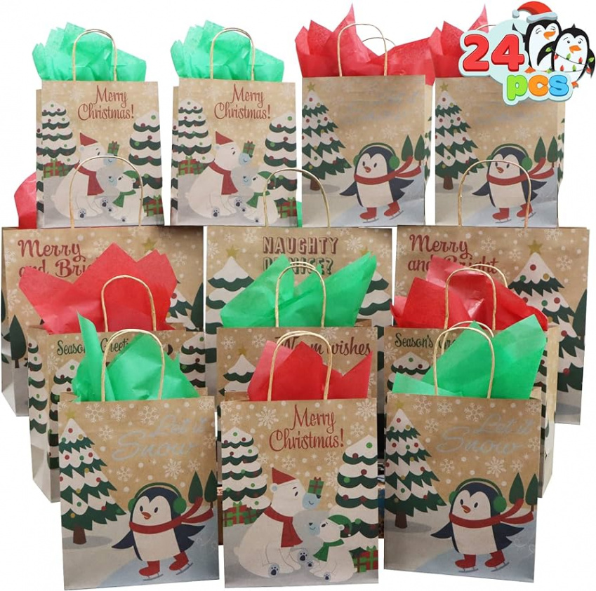 JOYIN Pack of  Christmas Kraft Bags, Christmas Gift Bags with Different  Sizes for Paper Bags and Gift Bags, School Classroom and Party Favors