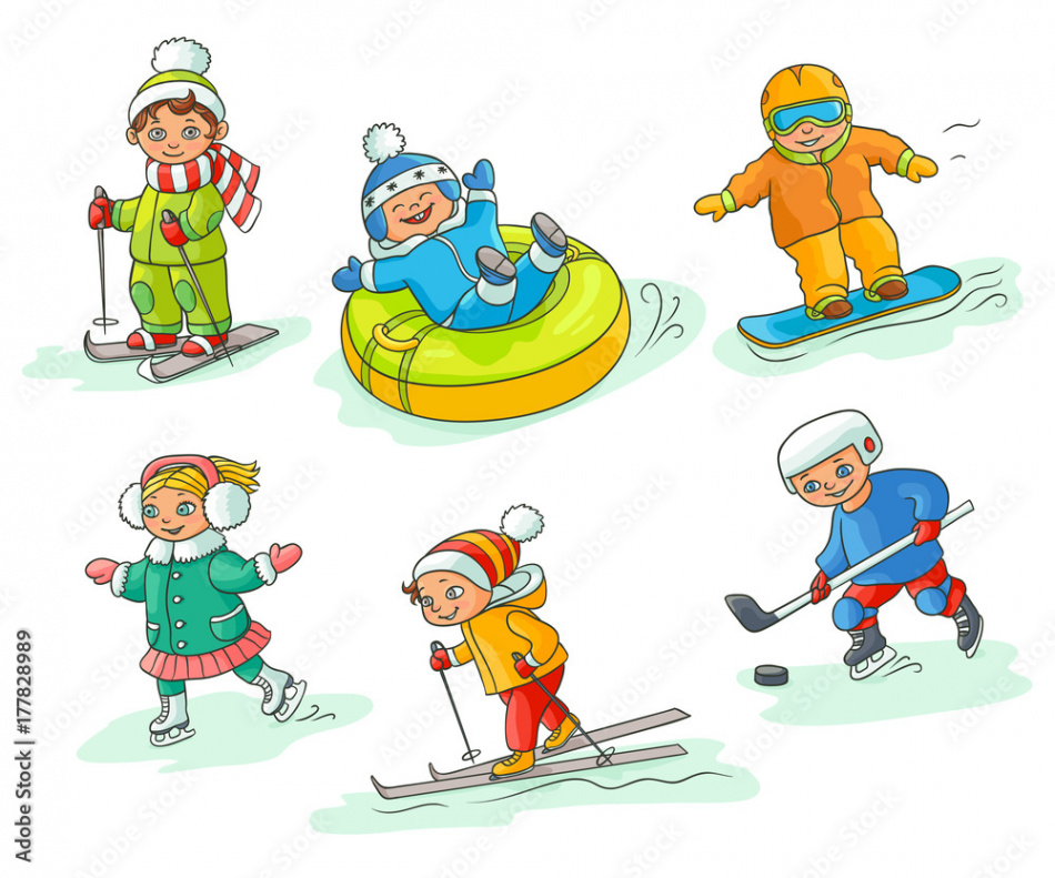 Kids having fun in winter - skiing, snowboarding, ice skating