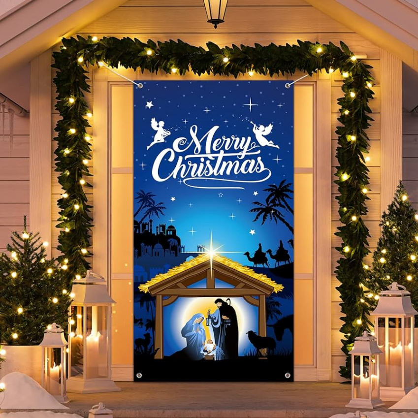 Nativity Christmas Door Cover Decorations, Jesus Holy Night Christmas  Fabric Door Decorations Porch Sign Nativity Scene Outdoor Religious Front  Door