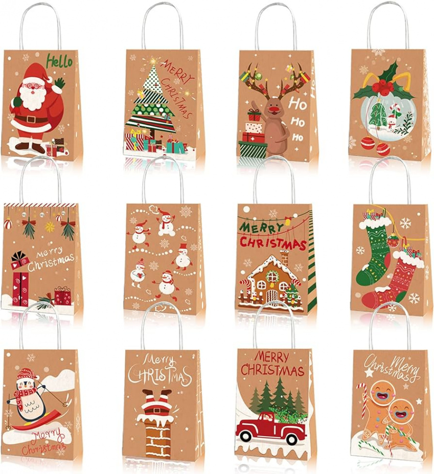 Pack of  Christmas Kraft Gift Bags with Different Christmas Prints for  Kraft Paper Gift Bags, Christmas Gift Bags, Classroom and Party Favours