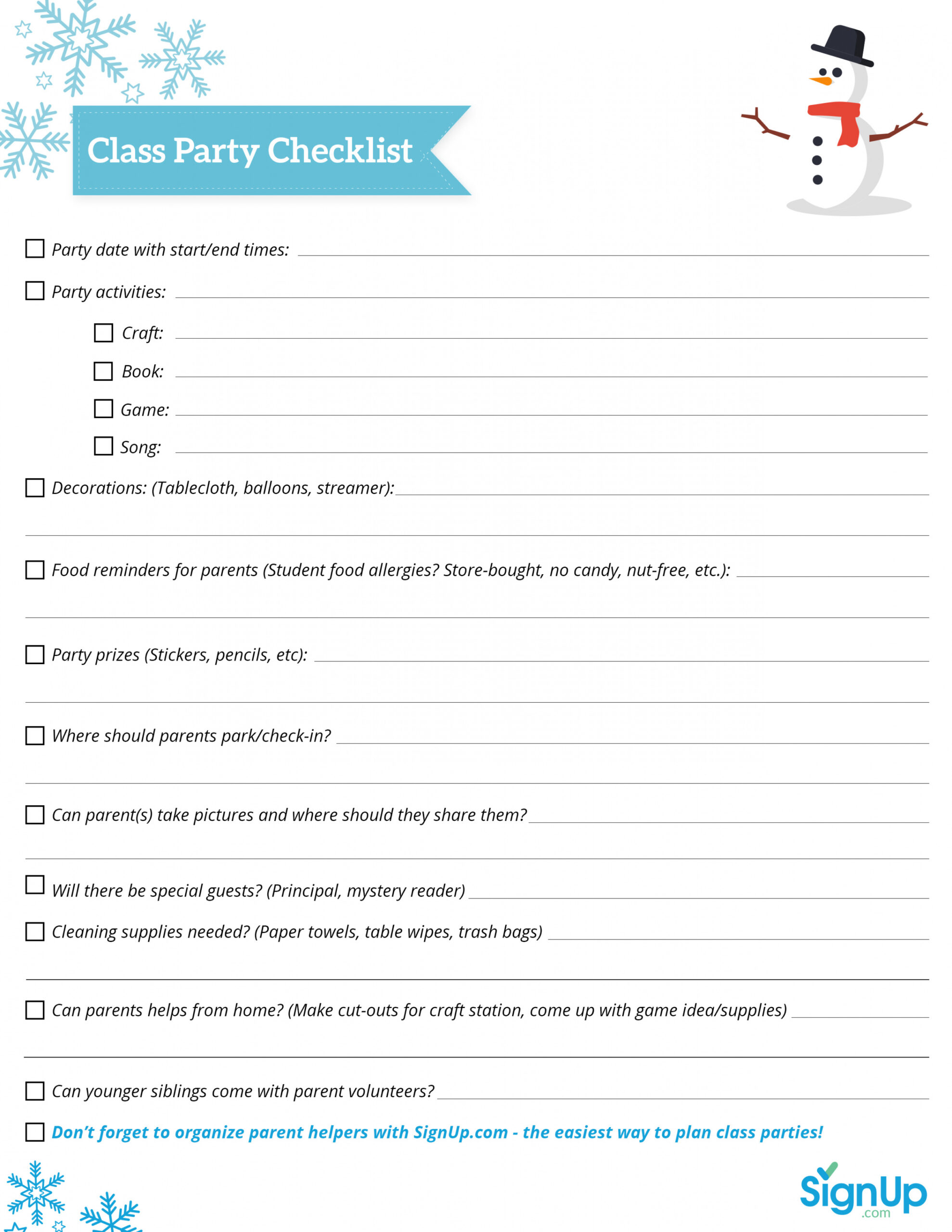 Printable Checklist: Holiday Classroom Party  SignUp