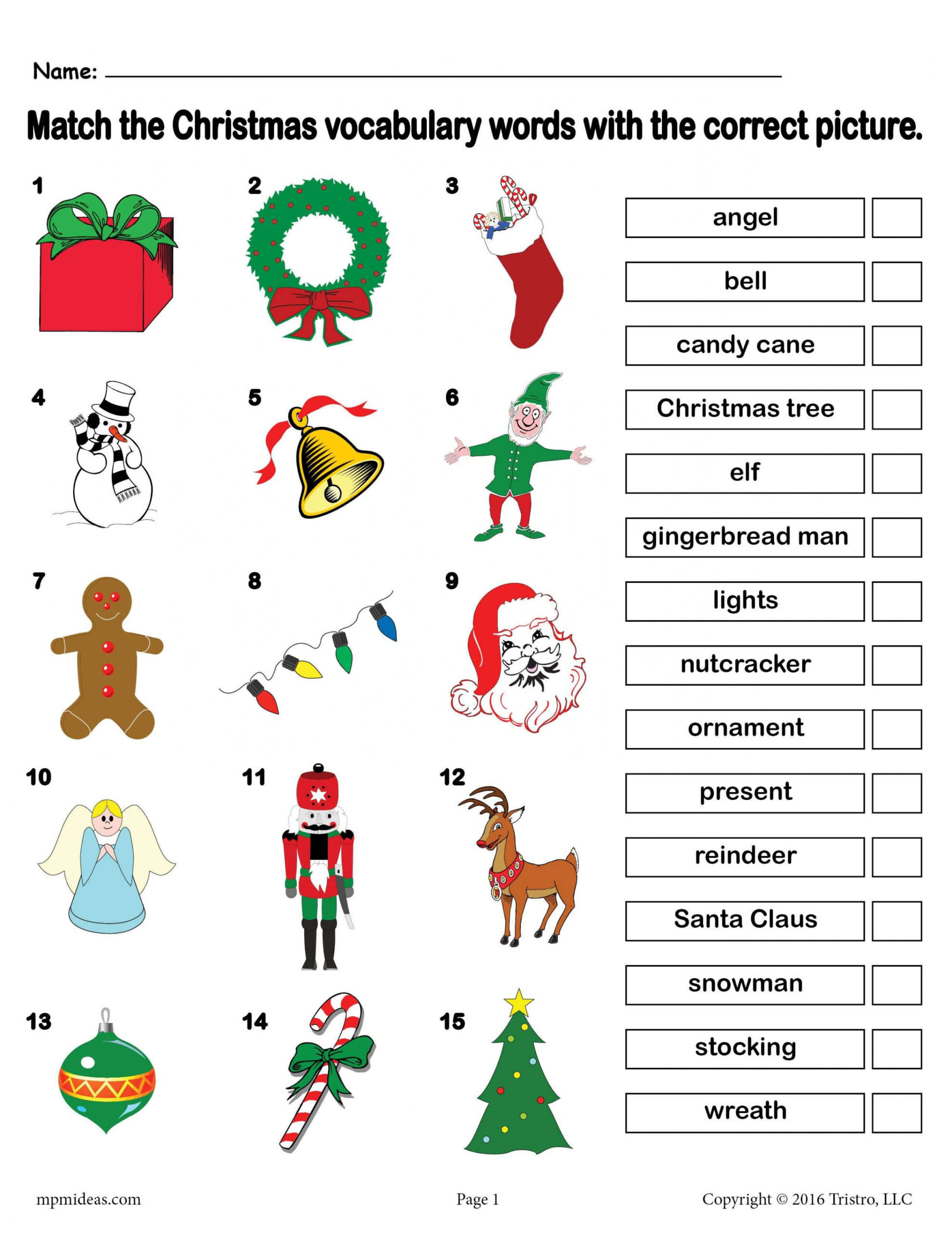 Printable Christmas Vocabulary Matching Worksheet!  Christmas