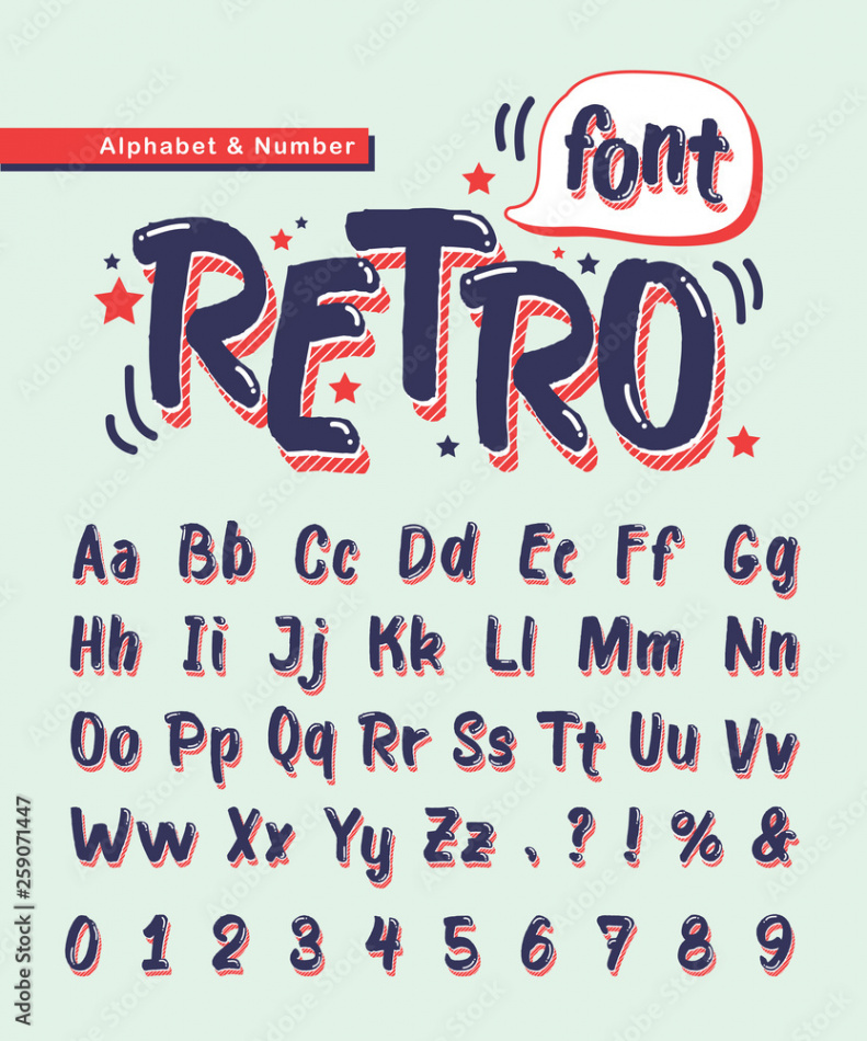 Retro handwritten alphabet letters and number