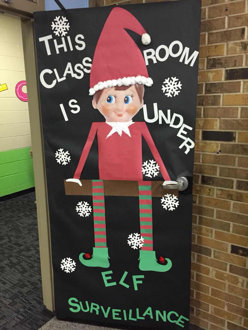 st grade classroom door- The teacher won an elf on the shelf, so